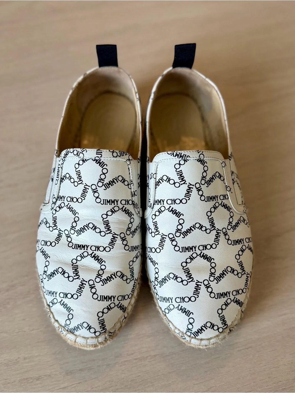 Jimmy Choo White and Black Stars Logo Espadrille Slip-Ons